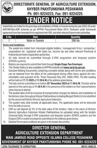 Agriculture Department Peshawar Tender Notice